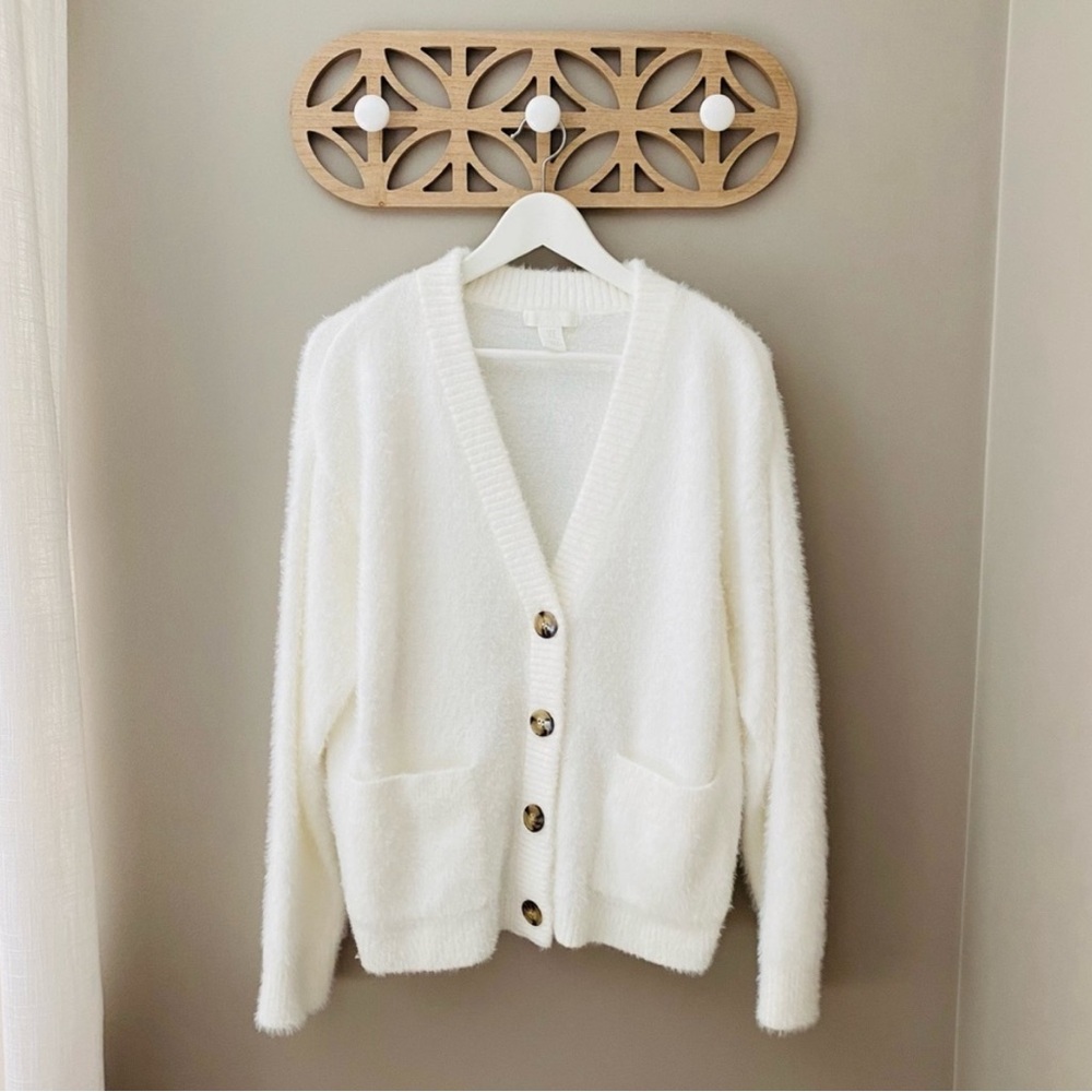 H&M Fuzzy Button Up Cardigan Sweater White Sz Medium